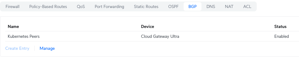 Screenshot of the limited BGP configuration UI in Unifi Cloud Gateway showing a table listing the name of the Configuration you uploaded, the device it is assigned and its status. Nothing else