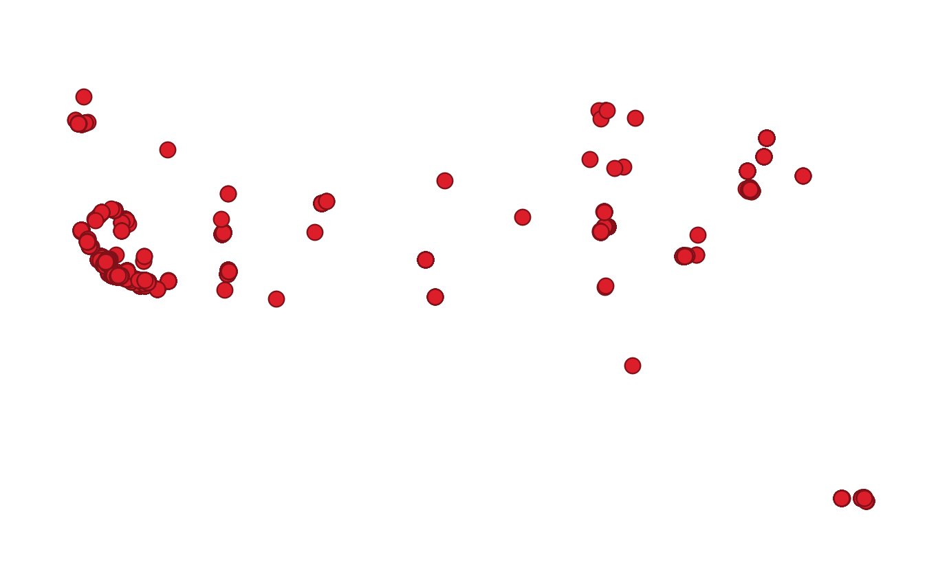 Plot of my photo locations with no basemap, vageuly resembles the continental United States, very sparsely.